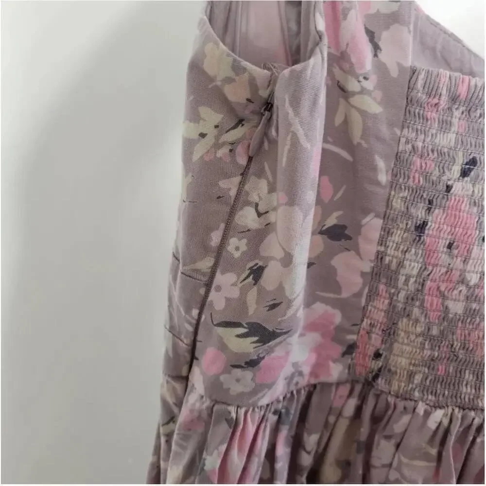 Free People Purple Floral Open Back Sundress Keyhole Tulle Hem Size 4